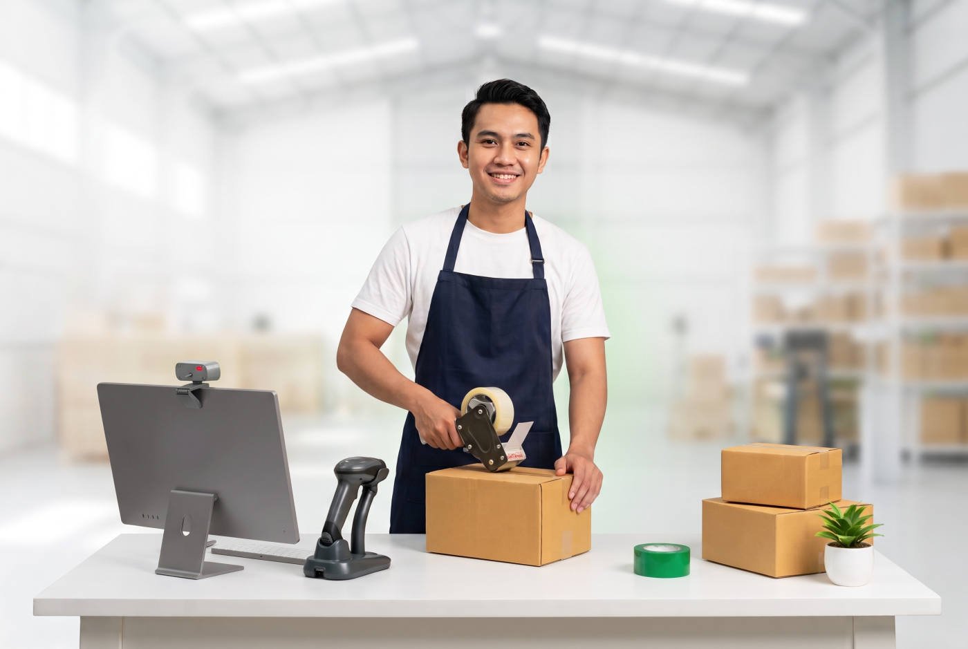 Packer mengemas paket di depan webcam Quickpack